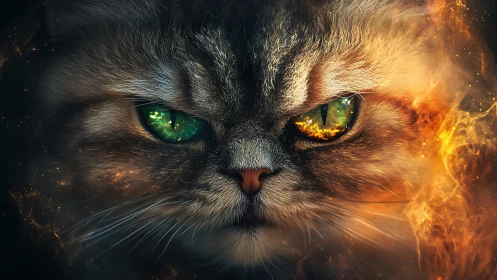 Feline Intensity: Heterochromatic Eyes with Pyroclastic Effect.