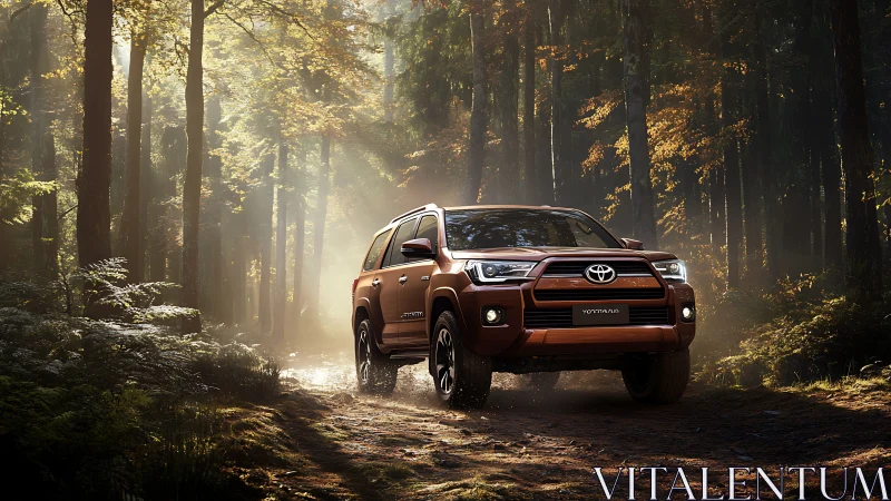 Orange SUV drives through sunlit forest trail at dawn