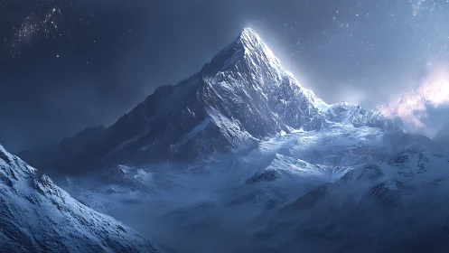 Glaciated alpine peak rendered under nocturnal sidelight with stars