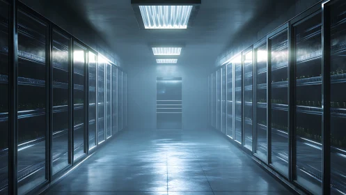 Futuristic refrigerated aisle glows under cold white lights.