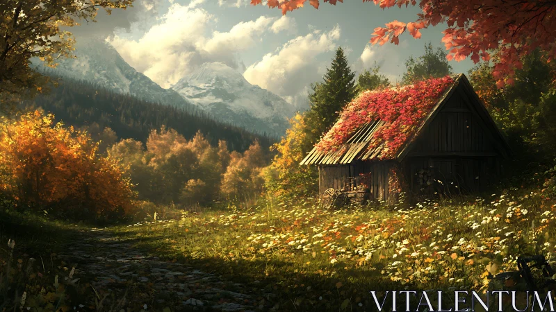 Digital painting of autumn cabin amid alpine wildflower meadow.