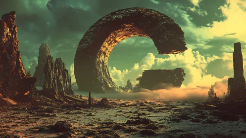 Colossal broken stone ring dominates alien wasteland sky
