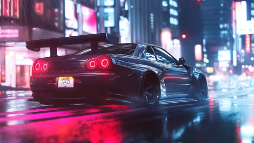 Neon soaked skyline welcomes a sleek sports car at night