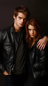 Studio portrait of young couple in black leather jackets