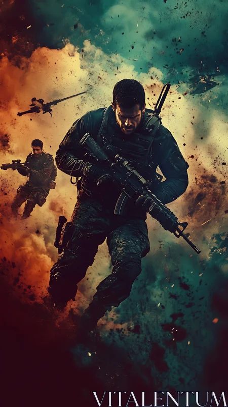 Armed soldiers advancing through heavy battlefield smoke.