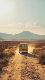 Yellow van drives along dusty desert track toward distant mountain