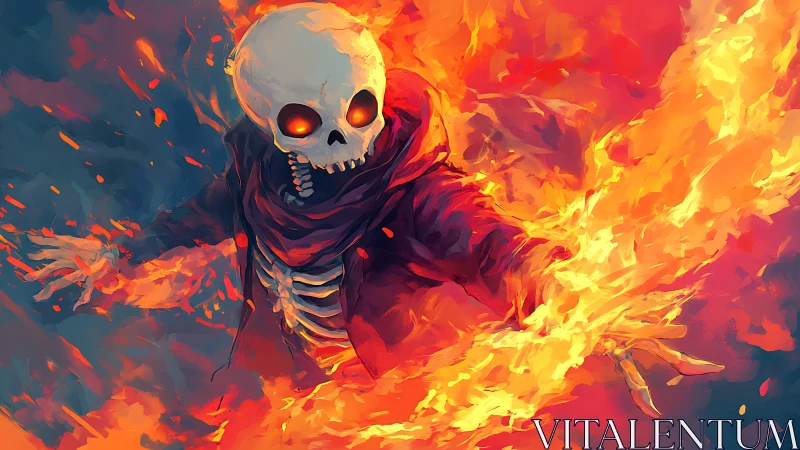 Fiery skeletal mage hurls blazing flames in a stormy void