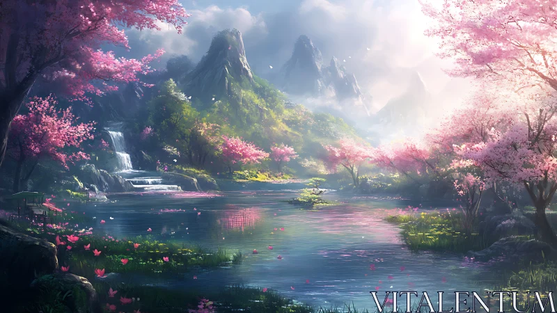 Chromatic spring valley with tiered waterfall and reflective lake