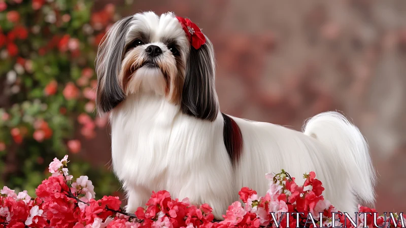 Toy dog with groomed coat posed amid vivid pink blossoms.