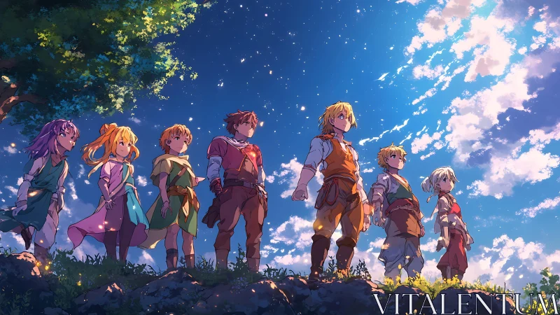 Adventuring youth line up under radiant cel-shaded sky.