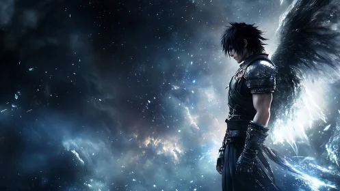 Winged warrior drifting through a quiet cosmic dreamscape.