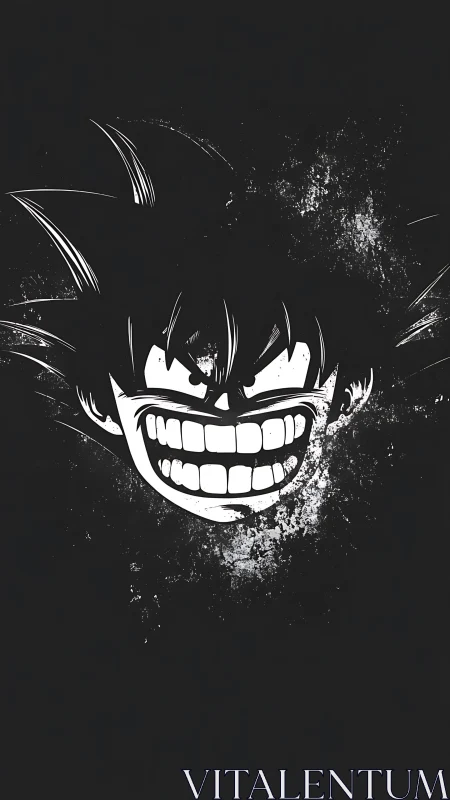 Grinning monochrome anime face on distressed black field.