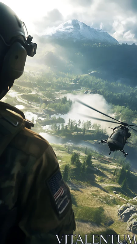 Soldier observes helicopter sweeping over alpine valley