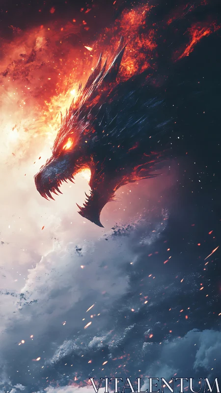 Fiery dragon spirit rises boldly from stormlit clouds