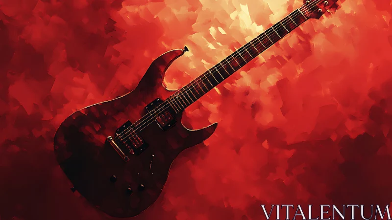 Electric guitar on abstract red background, angled view.