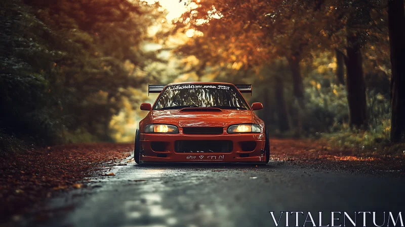 Lowered red tuner car glows against a moody autumn forest road