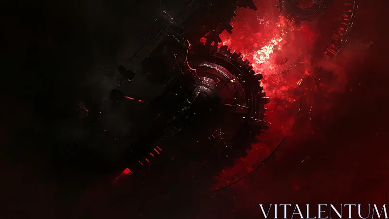 Infernal mechanical core amid burning cosmic void.