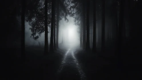 Backlit forest path vanishes into high-contrast nocturnal haze