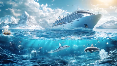 Cruise ship crosses icy ocean above sharks and dolphins
