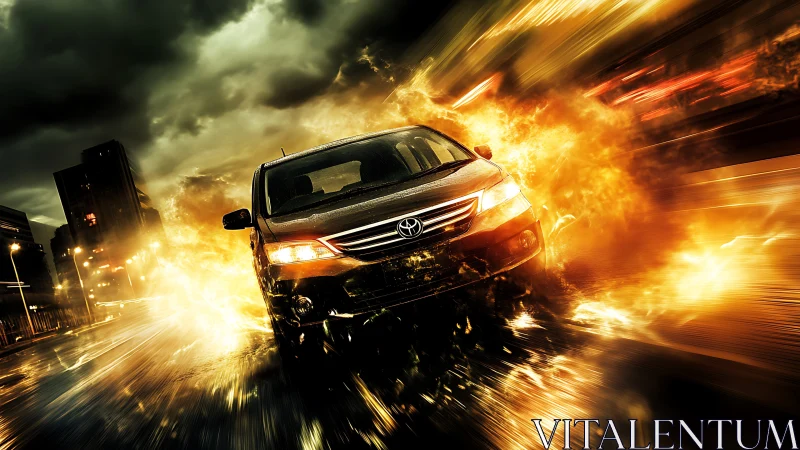 High-speed sedan cutting through explosive golden motion trails.