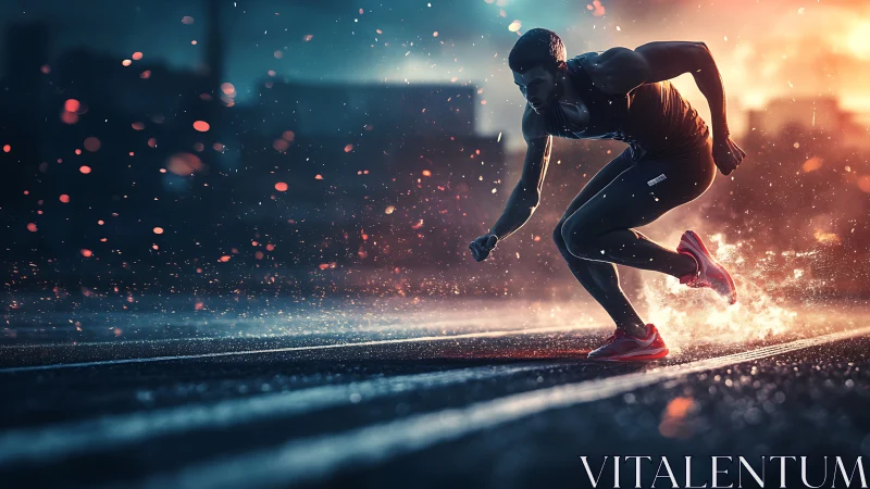 Sprinter exploding from blocks in cinematic dusk rainstorm.