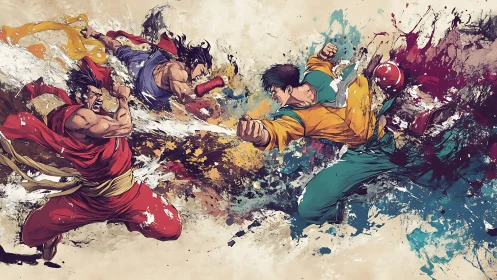 Whirling street fighters colliding in a splash‑storm of color.