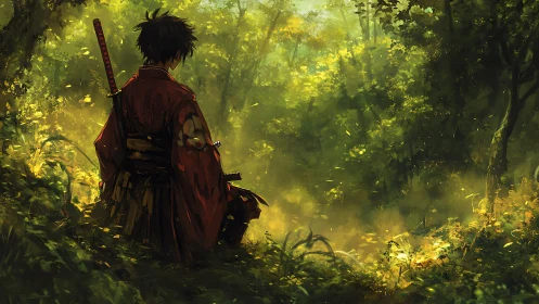 Digital painting of lone samurai framed in luminous forest glade.