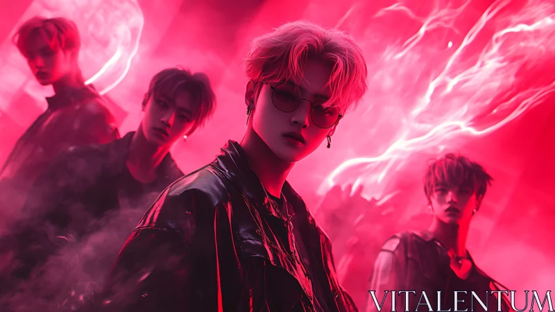 Neon storm idols stride through electric crimson haze.