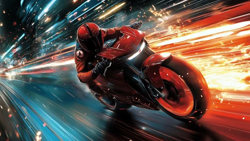 Futuristic red superbike racing through blazing neon tunnel.