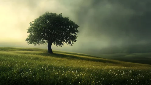 Isolated deciduous tree on luminant meadow under diffuse stormlight.