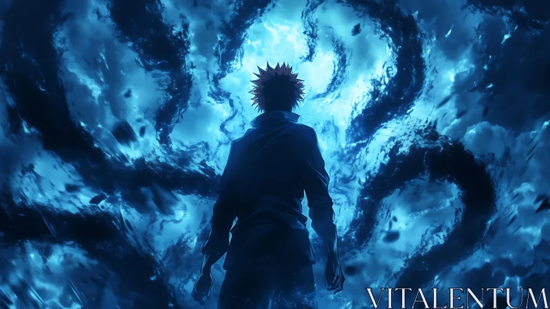 Backlit anime figure facing turbulent blue energy vortex
