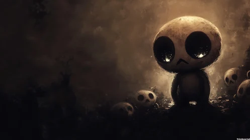 Melancholic skull-eyed creature in sepia-toned voidscape.