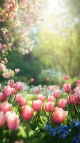 Pink Tulips Dance Through Sunlit Garden Paradise