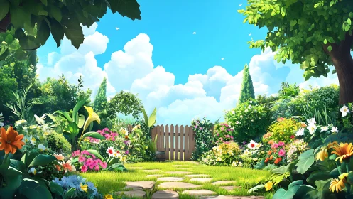 Colorful garden path leads to wooden fence under blue sky