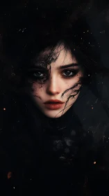 Midnight muse with ember-kissed, mysterious gaze.