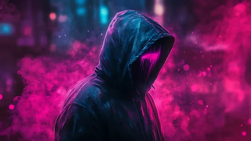 Hooded cyberpunk figure in neon pink smoke at night.