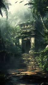 Jungle temple doorway swallowed by emerald mist and memory.
