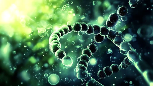 Green microscopic DNA helix made of glowing liquid spheres.