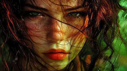 Digital painting close-up portrait with luminous green gaze.