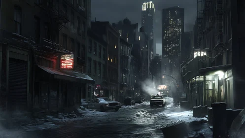 Noir urban alleyway rendered in high-contrast digital painting