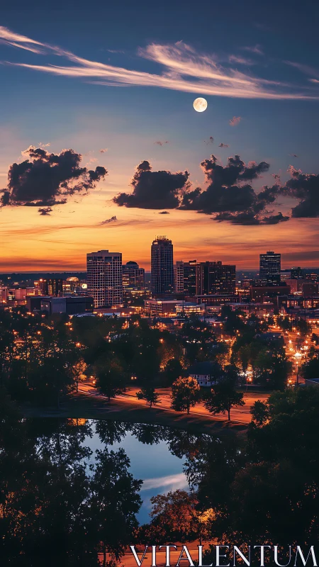 Urban skyline at blue hour with moonlit reflective foreground.