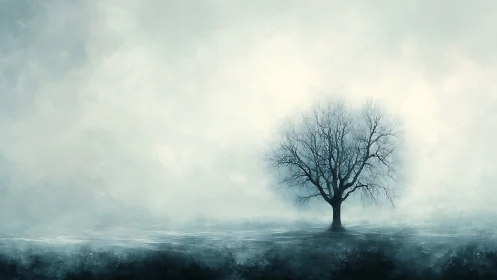 Solitary winter tree emerges through desaturated atmospheric haze