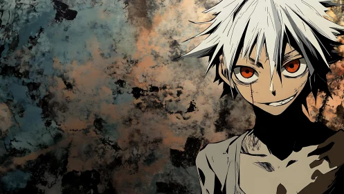 White haired anime boy with sinister smile on grunge wall