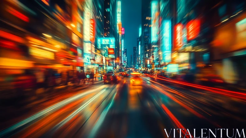 Nighttime city street with motion blur and neon vehicle lights.