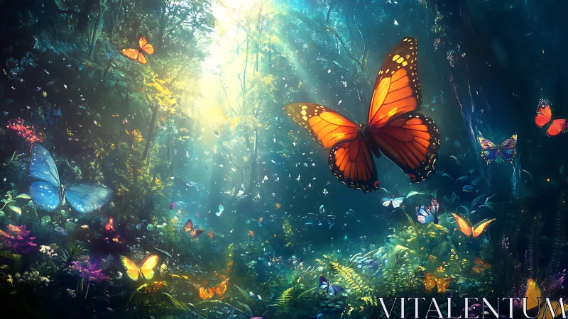 Sunlit monarchs drift through a dream-bright forest sanctuary