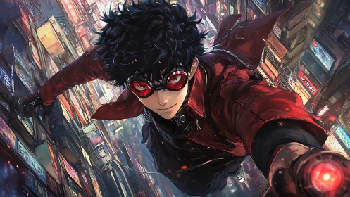 Urban aerial rogue in crimson coat above neon skyline.