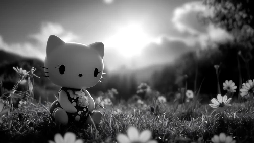 Backlit toy cat figurine rests among meadow flowers at sunset