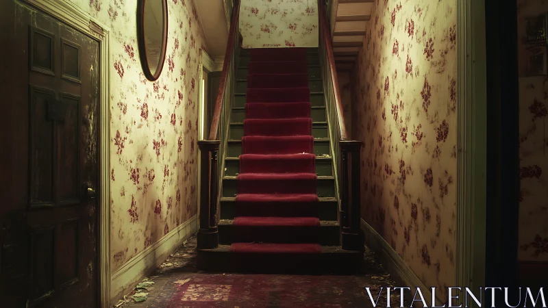 Photorealistic decayed hallway staircase with red carpet focus.