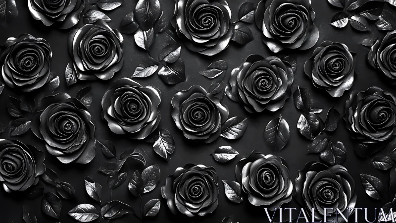 Metallic Black Roses Pattern on Dark Background.