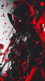 Hooded neon rogue stepping through a storm of red light.